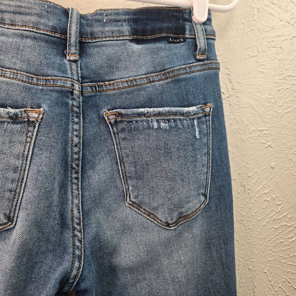 Risen Embellsied Flare Jeans High Waisted Dark Blue Wash Stretch Denim Size 26 - Picture 9 of 12